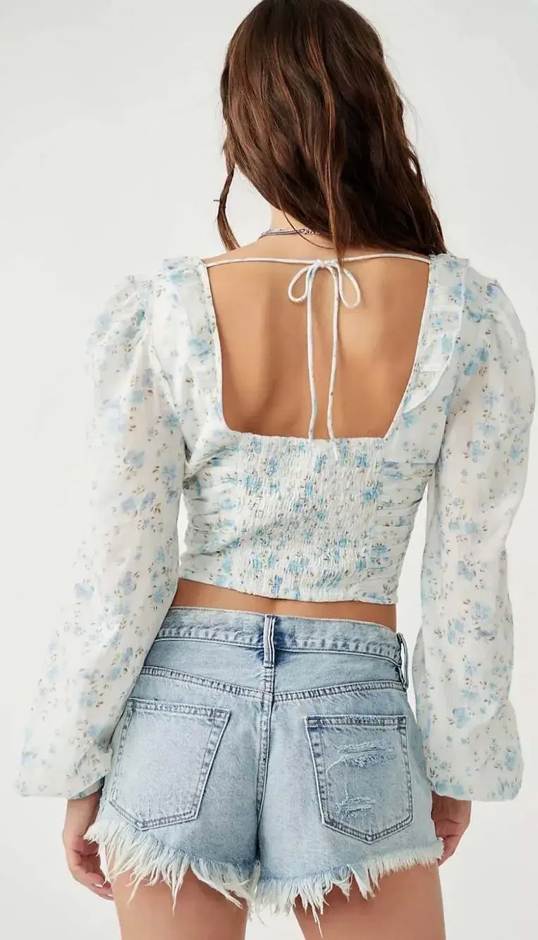 Free People Another Life Printed Smocked Tie Back Blouse